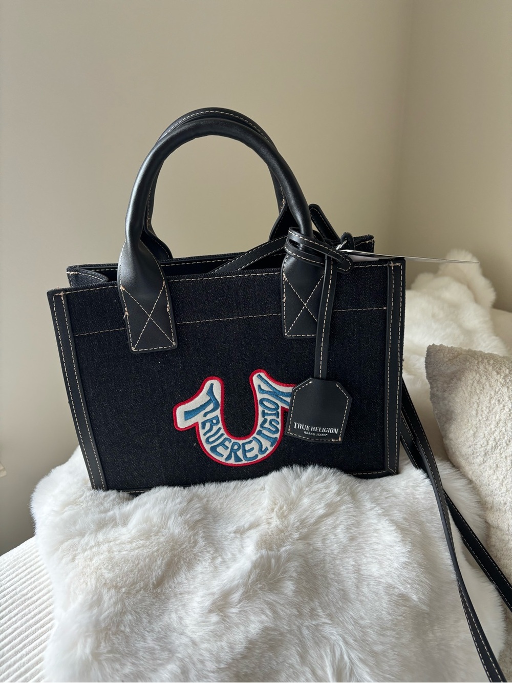 True Religion Black Denim Tote and crossbody with Red & Blue Horseshoe Patch NWT